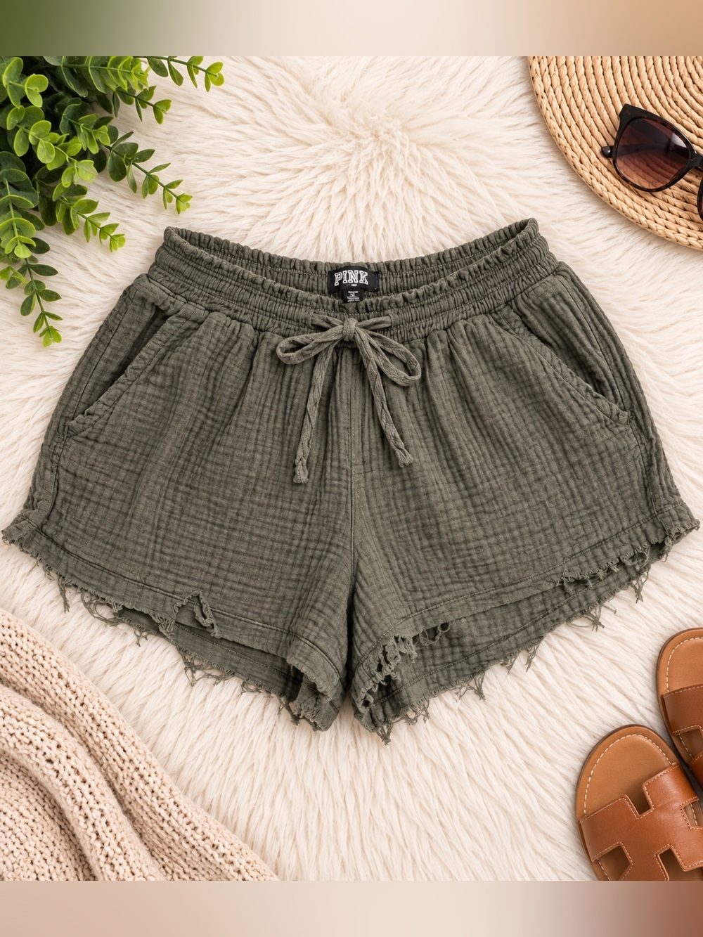Rewash Olive Gauze Drawstring Shorts | Distressed Raw Hem